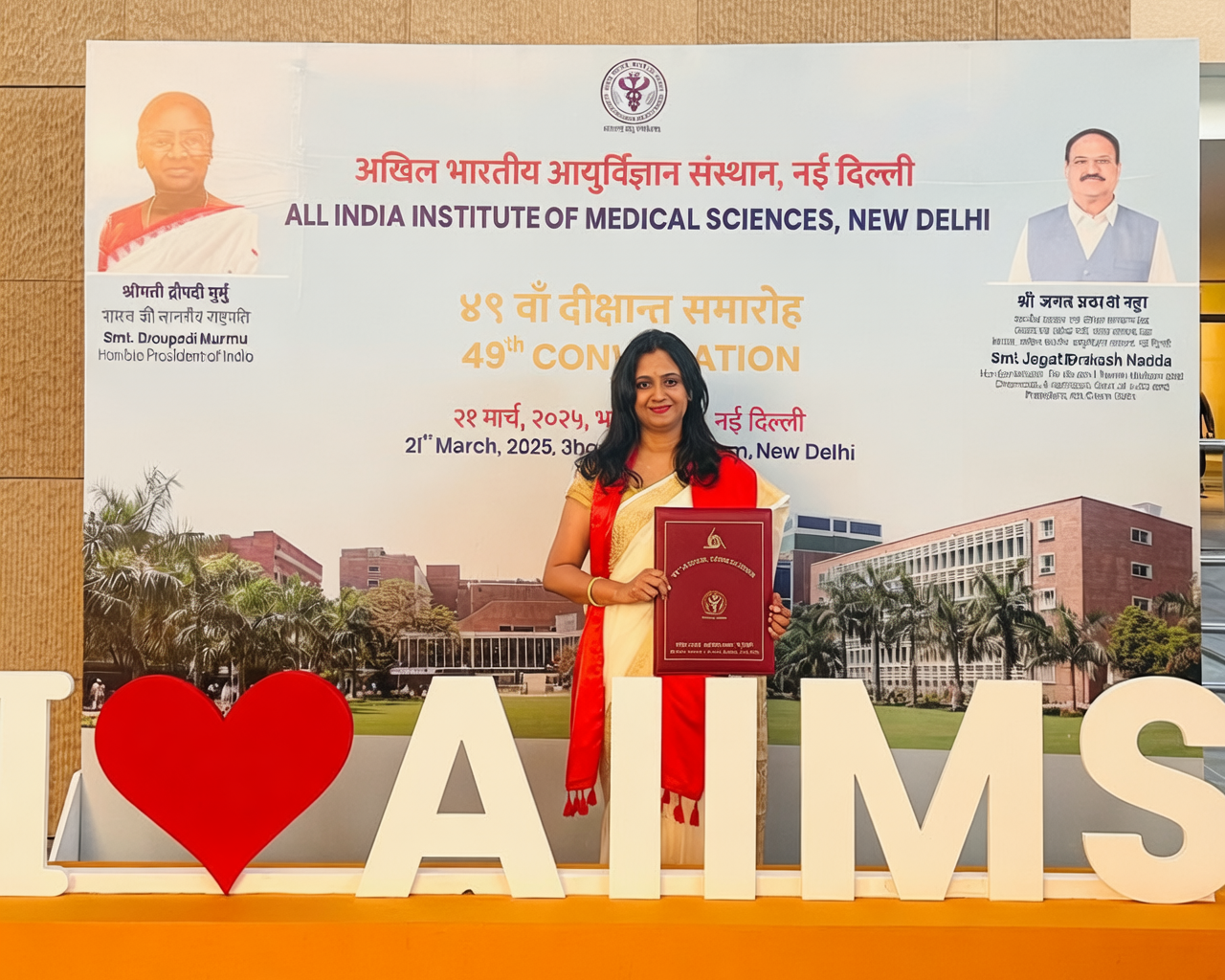 Dr. Dipanwita Banerjee receiving her MCh certificate at AIIMS New Delhi